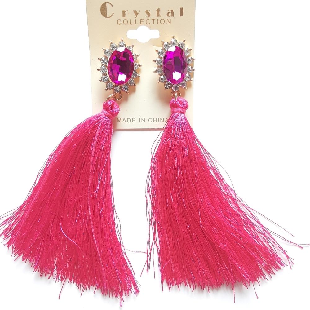 Crystal Collection Hot Pink Tassel Earrings - Picture 2 of 10